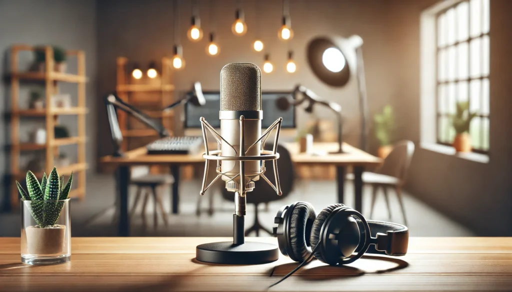 DALL·E 2024-10-13 19.06.59 - A realistic photograph of a podcast studio with a podcast microphone and headphones on a table in the foreground. The background is blurred, showing s