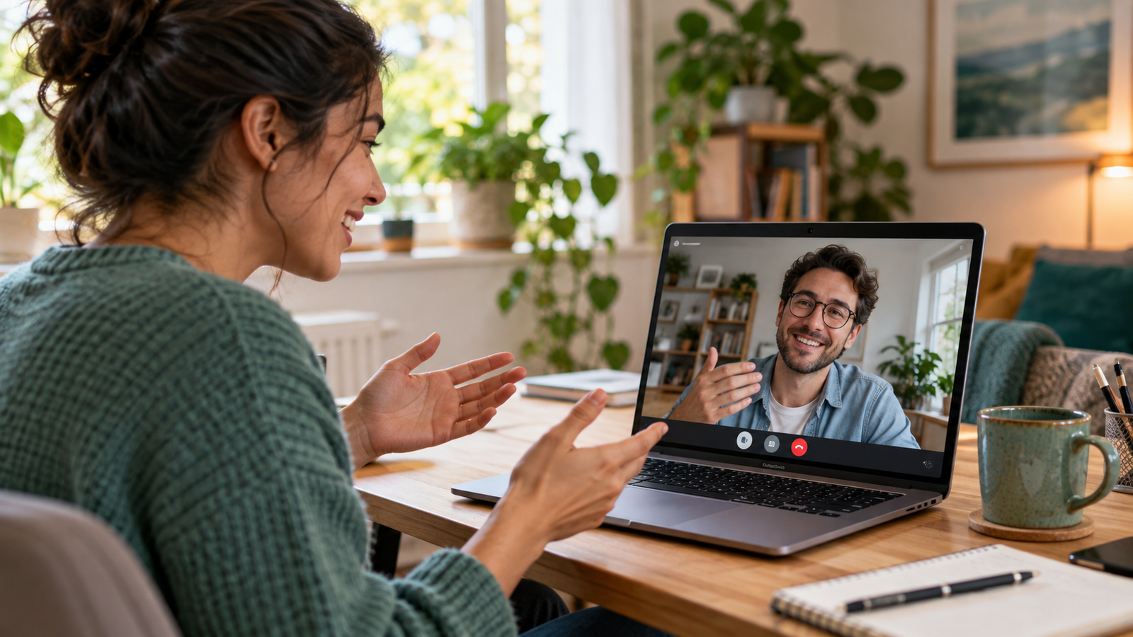 English learner practicing conversation in a friendly video call