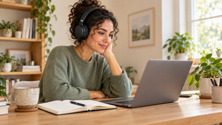 English learner listening to a short lesson at home with headphones