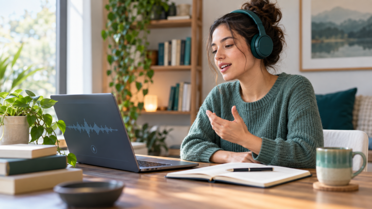 English learner practicing speaking at home with headphones