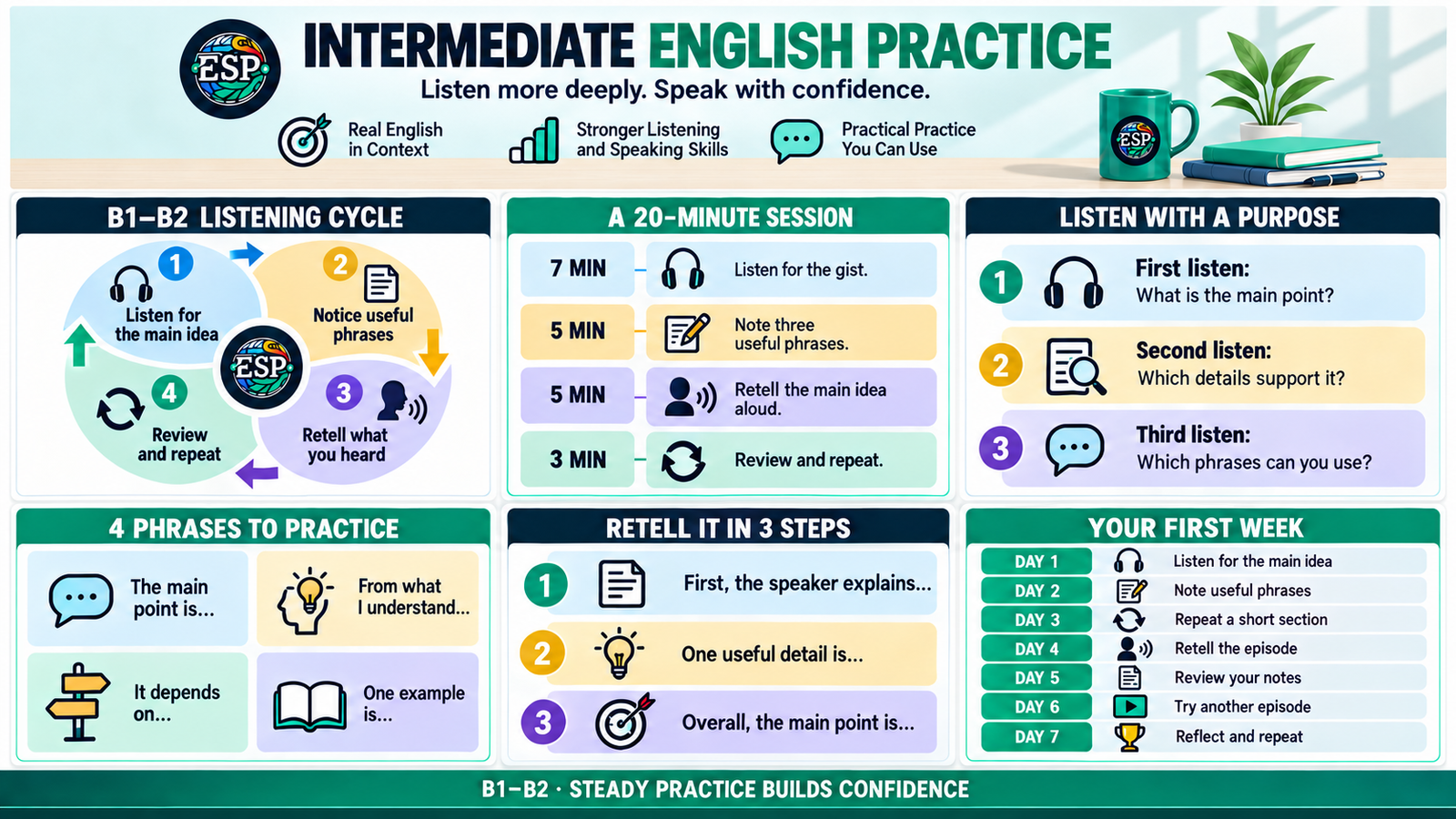 Intermediate English practice infographic with a B1–B2 listening cycle, a 20-minute routine, phrase practice, retelling prompts, and a seven-day plan.