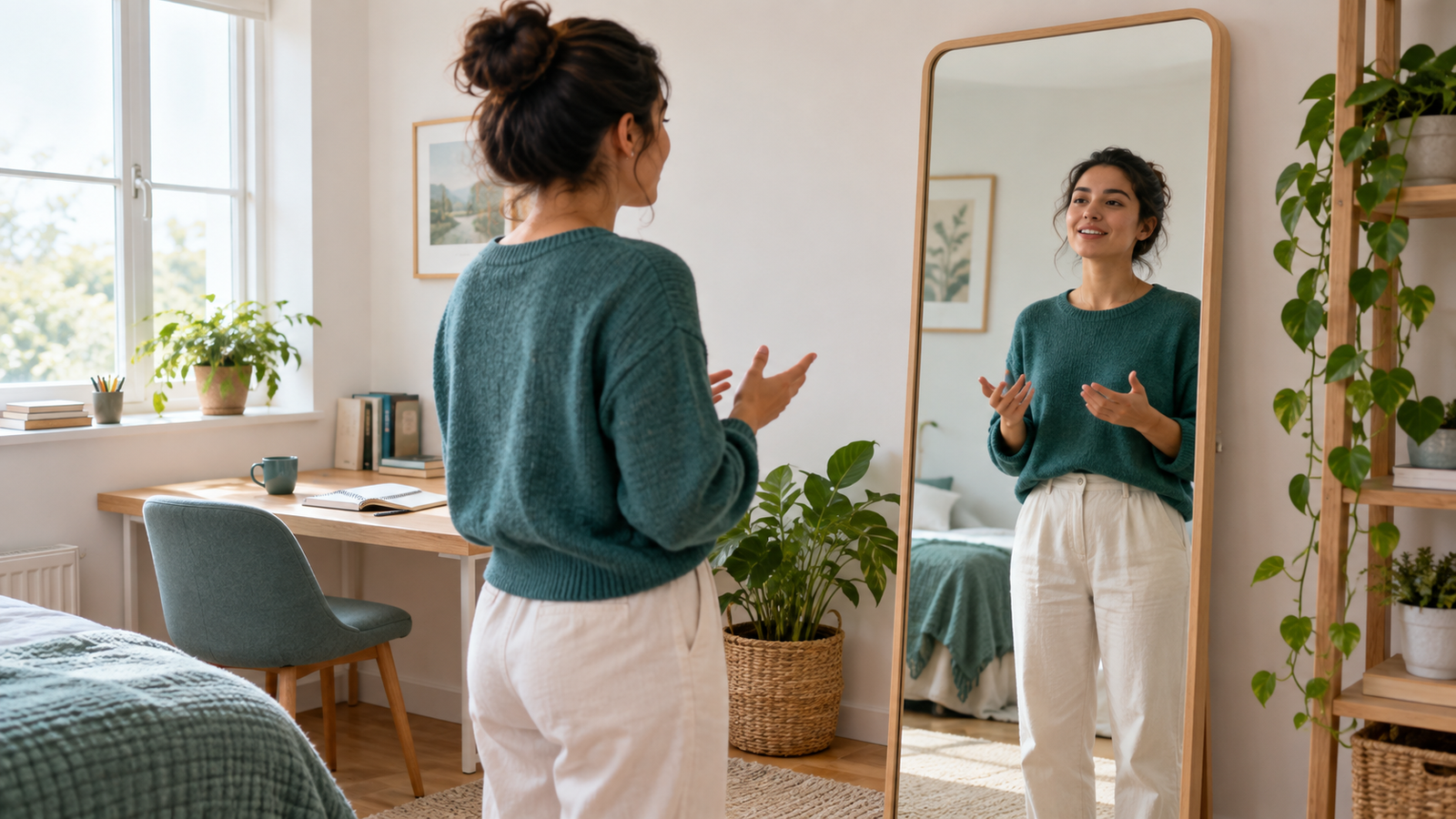 English learner practicing speaking aloud in a mirror
