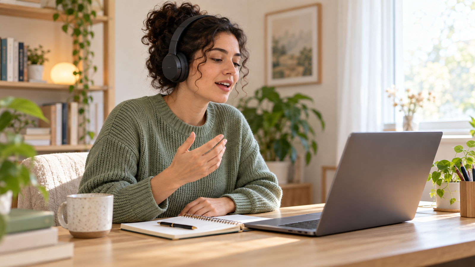 Learner repeating a short English phrase while listening to audio.